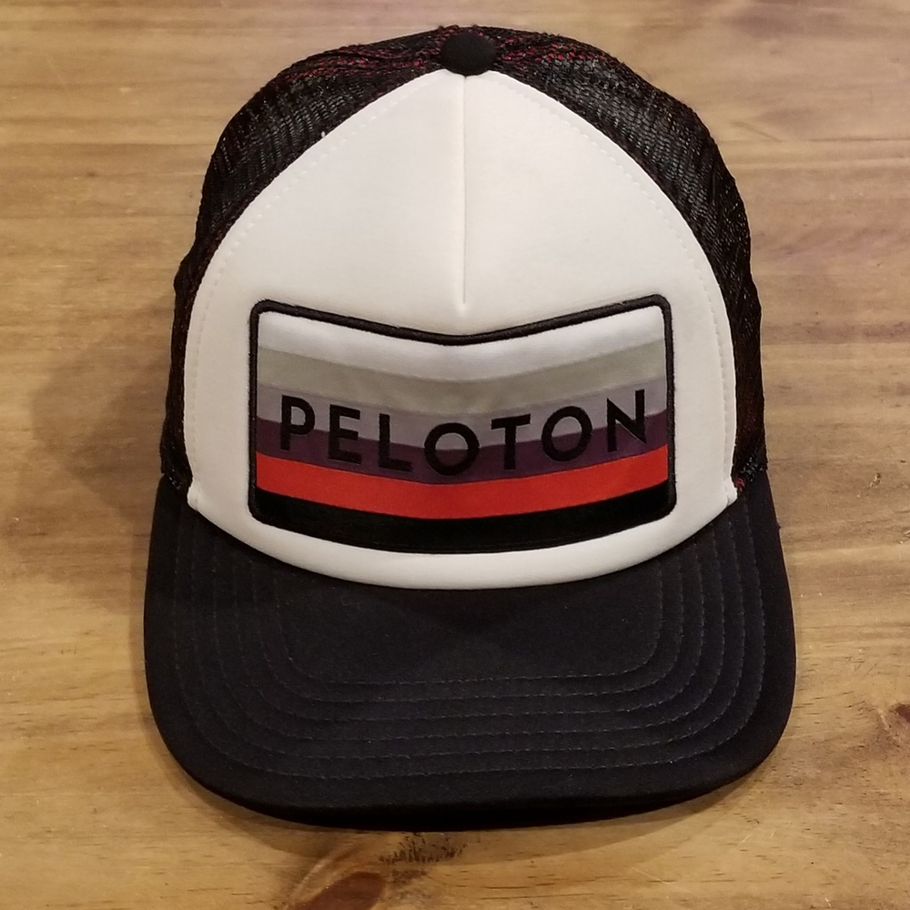 Men's Peloton Black White Red Trucker Hat One Size Patch Adjustable